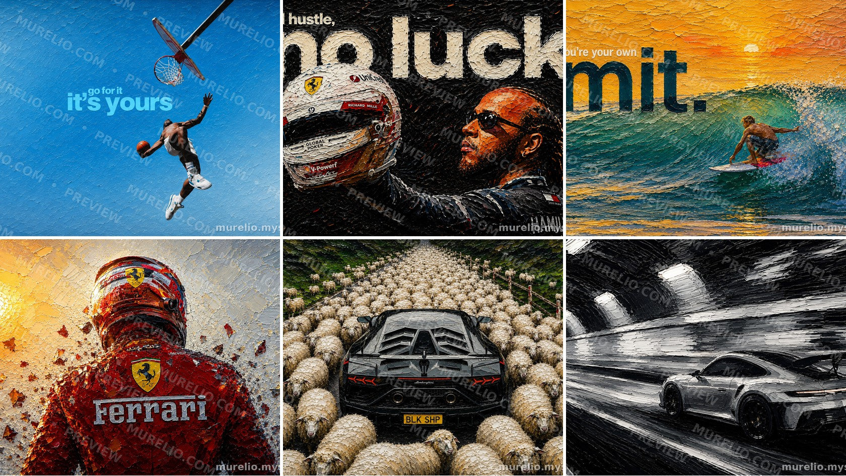 A 2x3 collage of six Ferrari-themed art prints or posters, featuring racing cars, a surfer in a wave, a driver in a helmet, and dramatic sky scenes. The prints have a textured, painterly finish and are arranged in a grid with visible watermark text across the images.